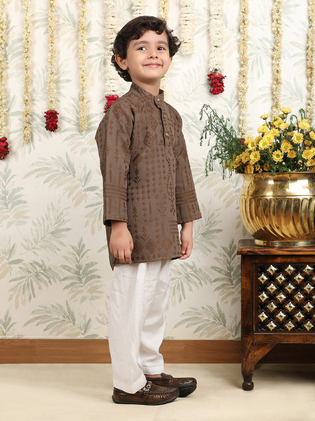 Polka Tots Full Sleeves Pathani Set - Brown