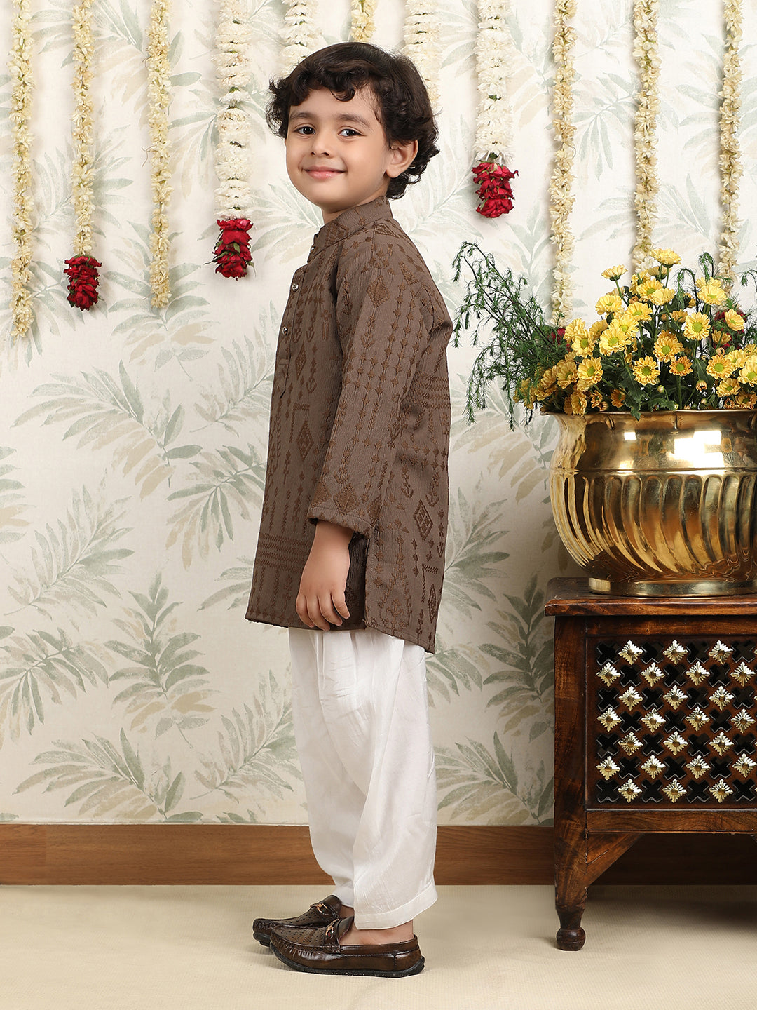 Polka Tots Full Sleeves Pathani Set - Brown