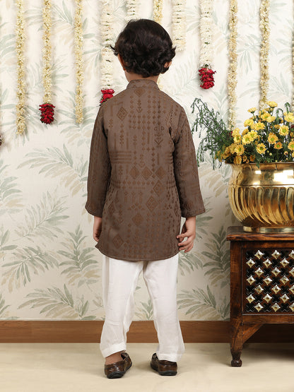 Polka Tots Full Sleeves Pathani Set - Brown