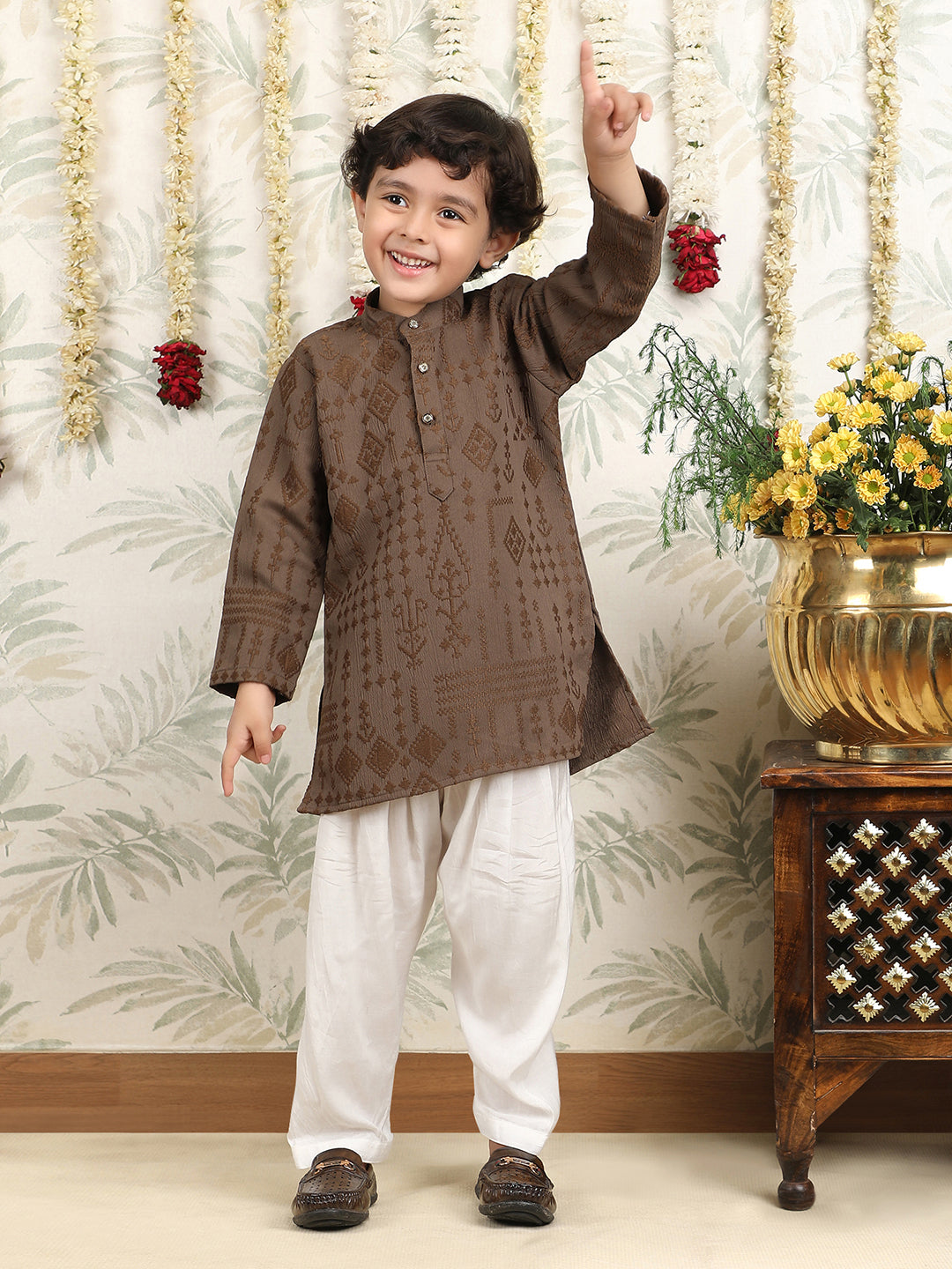 Polka Tots Full Sleeves Pathani Set - Brown