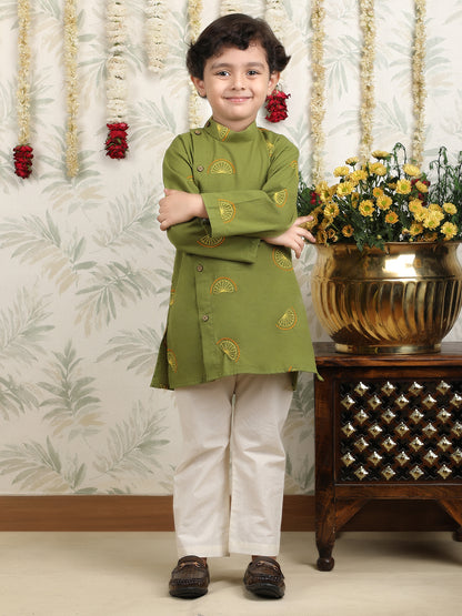 Polka Tots Full Sleeve Citrus Embroidered Ethnic Kurta Pyjama Set - Green