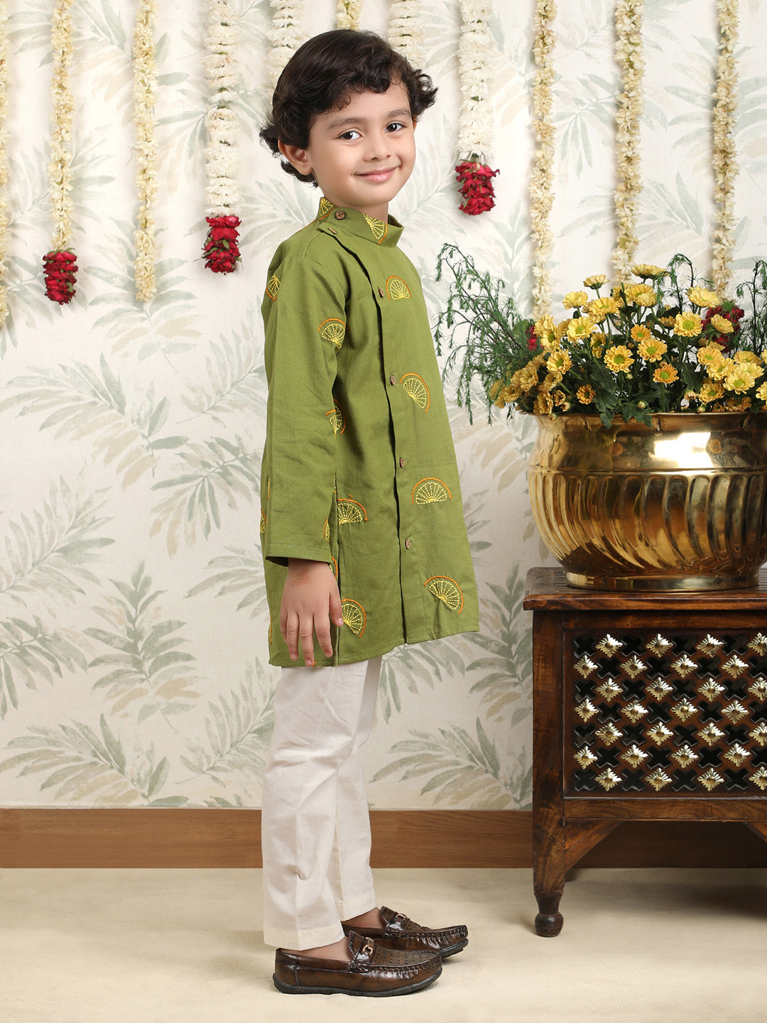 Polka Tots Full Sleeve Citrus Embroidered Ethnic Kurta Pyjama Set - Green