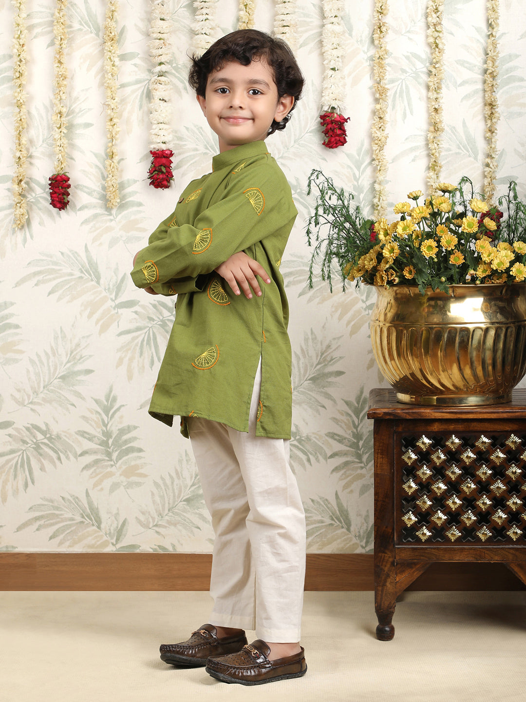 Polka Tots Full Sleeve Citrus Embroidered Ethnic Kurta Pyjama Set - Green