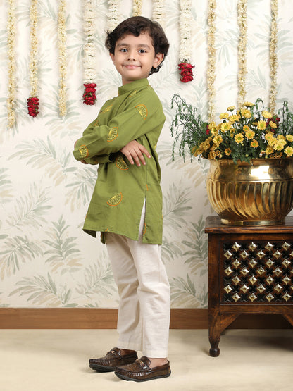Polka Tots Full Sleeve Citrus Embroidered Ethnic Kurta Pyjama Set - Green
