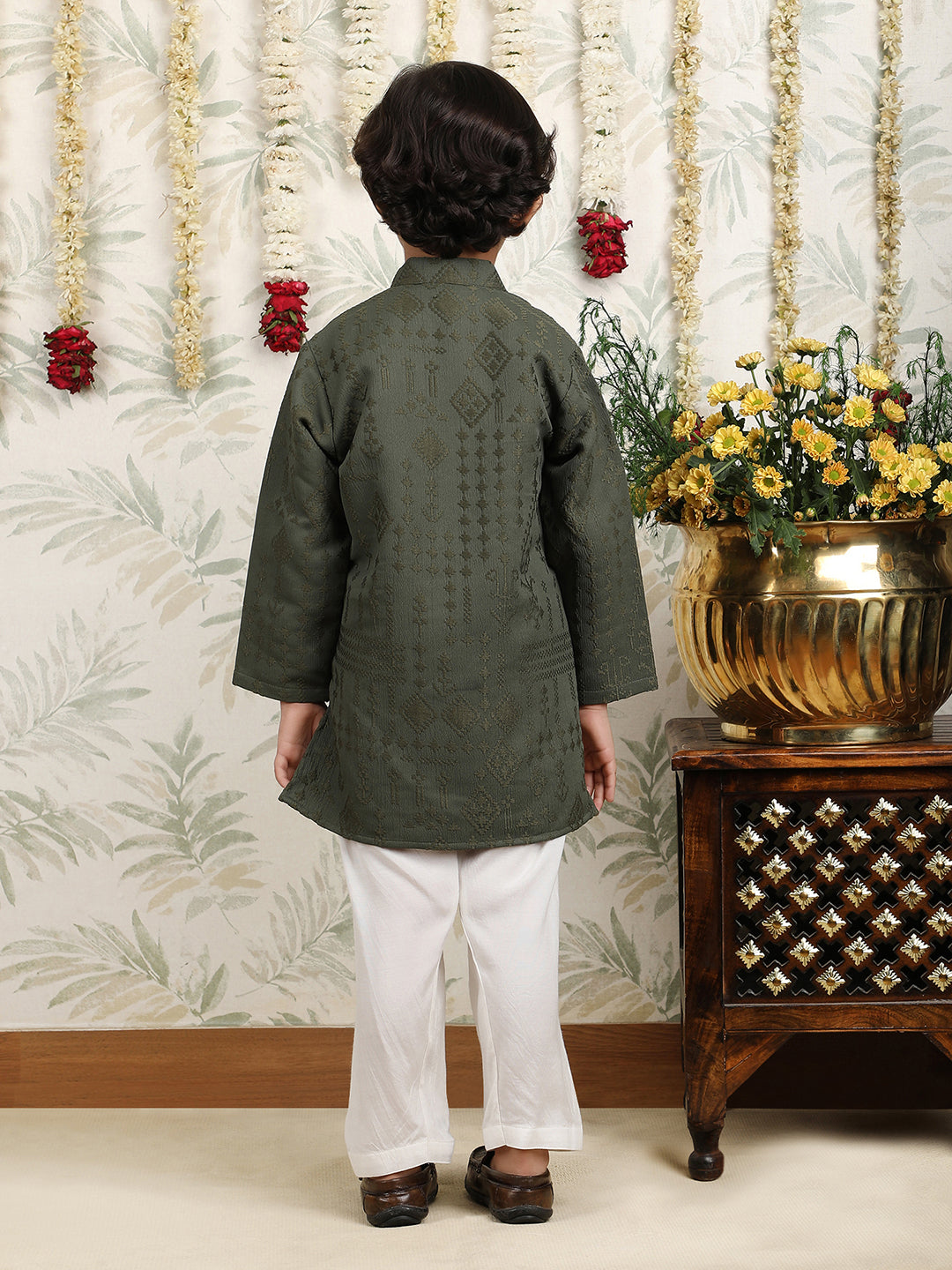 Polka Tots Full Sleeves Pathani Set - Green