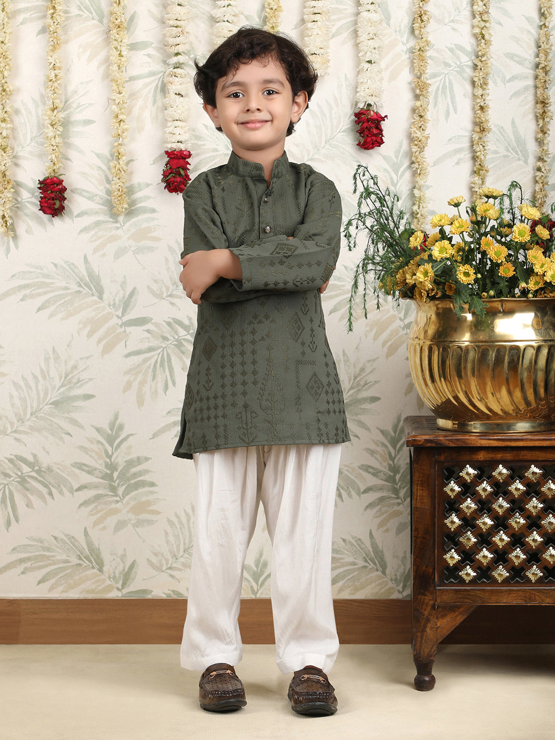 Polka Tots Full Sleeves Pathani Set - Green