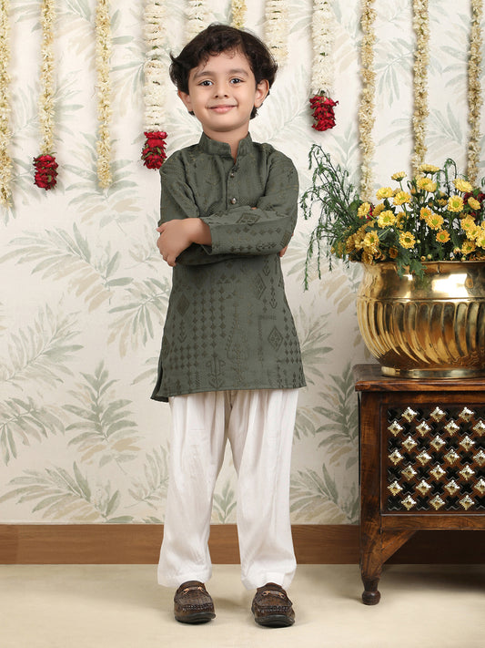 Polka Tots Full Sleeves Pathani Set - Green