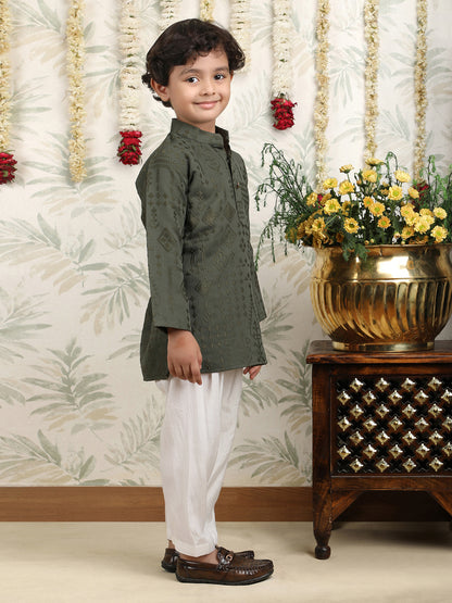 Polka Tots Full Sleeves Pathani Set - Green