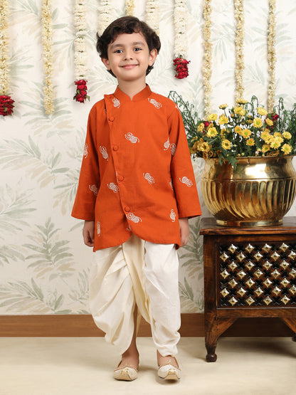 Polka Tots Full Sleeve Angrakha Top With Dhoti - Orange