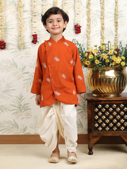 Polka Tots Full Sleeve Angrakha Top With Dhoti - Orange