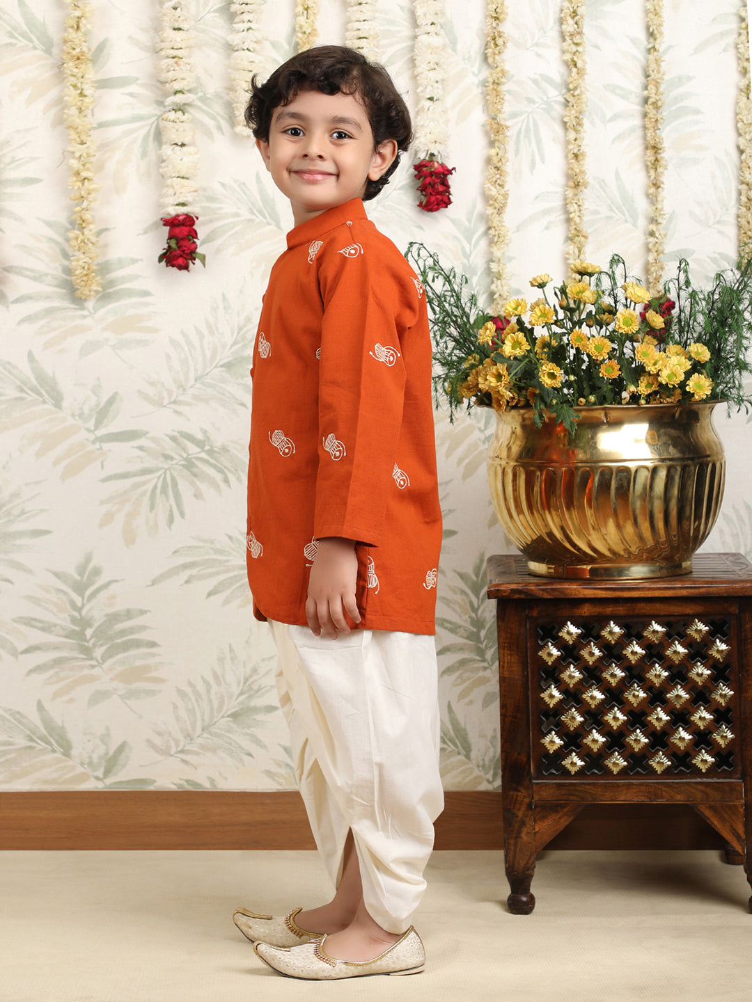 Polka Tots Full Sleeve Angrakha Top With Dhoti - Orange