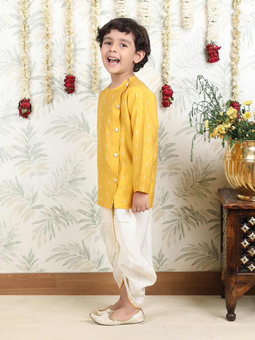 Polka Tots Full Sleeve Angrakha Top With Dhoti - Yellow