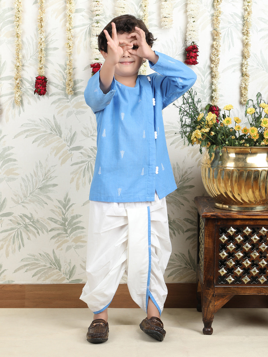 Polka Tots Full-Sleeve Cotton Angrakha Kurta with Dhoti - Blue