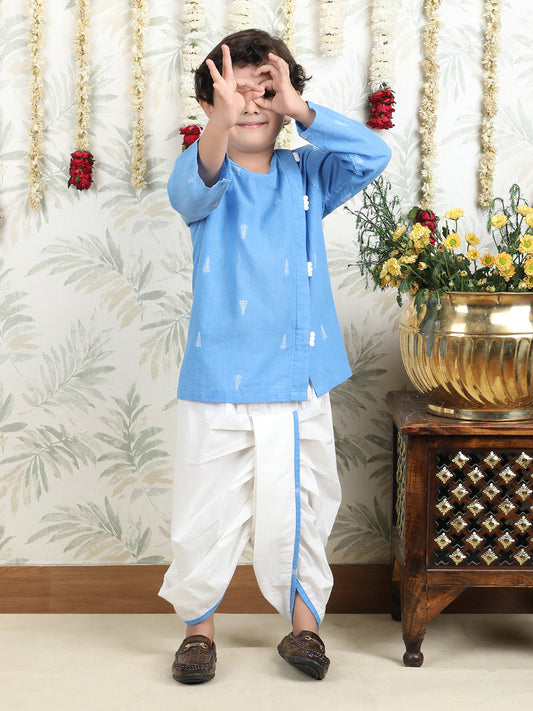 Polka Tots Full-Sleeve Cotton Angrakha Kurta with Dhoti - Blue