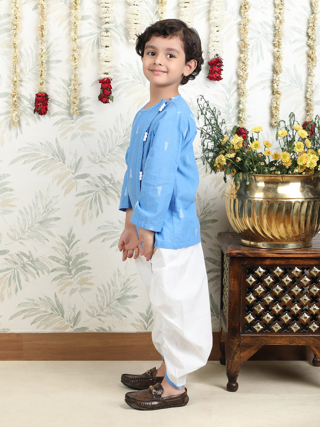 Polka Tots Full-Sleeve Cotton Angrakha Kurta with Dhoti - Blue