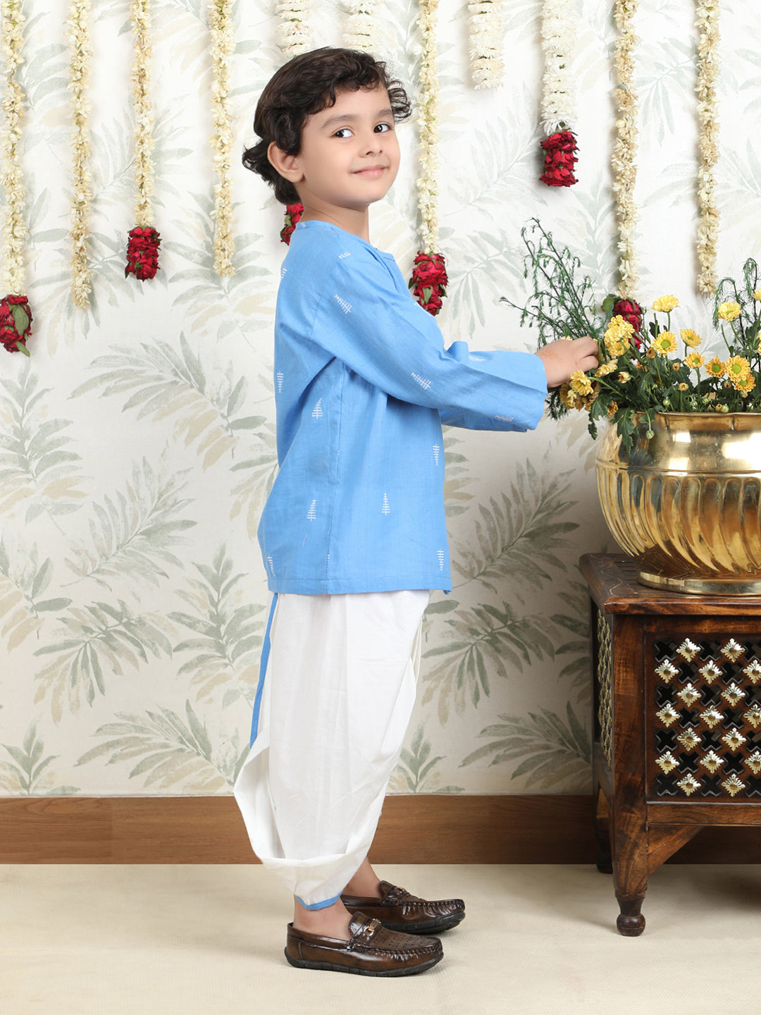 Polka Tots Full-Sleeve Cotton Angrakha Kurta with Dhoti - Blue