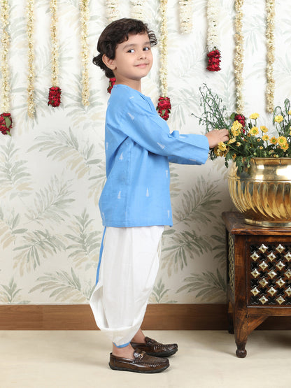 Polka Tots Full-Sleeve Cotton Angrakha Kurta with Dhoti - Blue