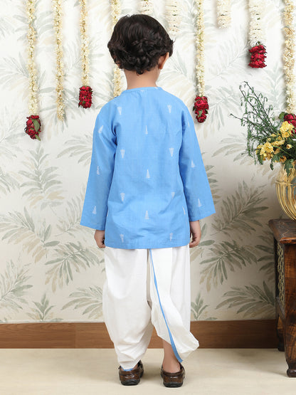 Polka Tots Full-Sleeve Cotton Angrakha Kurta with Dhoti - Blue