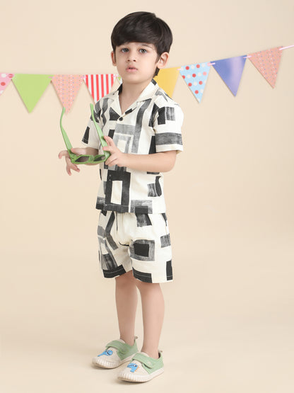 Polka Tots Half Sleeves Geometric print Co-ords - Cream