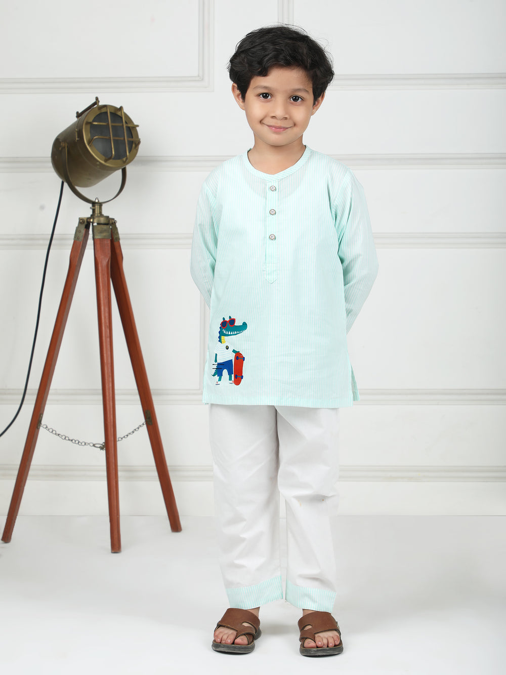 Polka Tots Crocodile Sticker Stripes Night wear Kurta Pajama- Pink