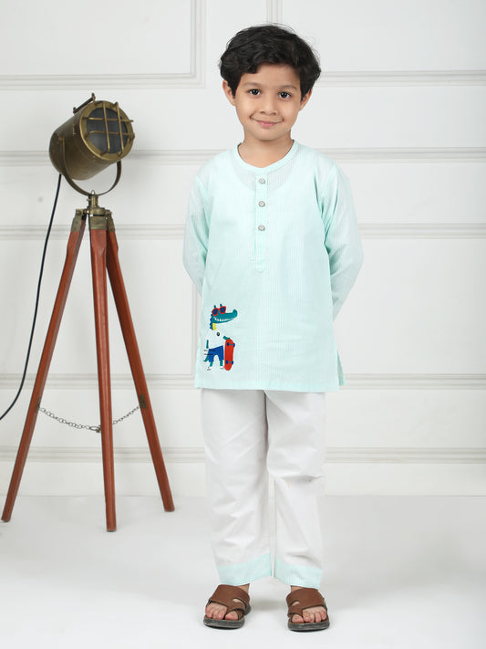 Polka Tots Crocodile Sticker Stripes Night wear Kurta Pajama- Pink