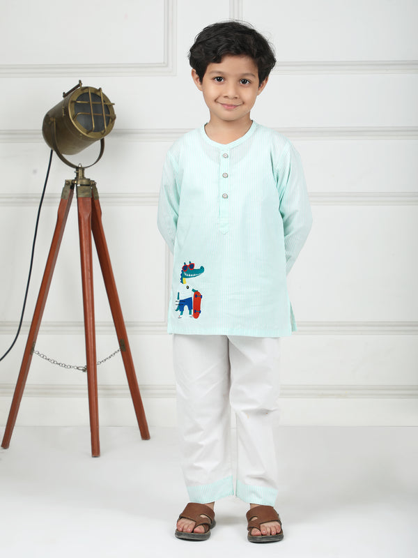 Polka Tots Crocodile Sticker Stripes Night wear Kurta Pajama- Pink