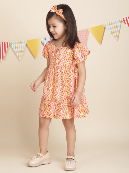 Polka Tots Full sleeves Geometric print frock with headband - Orange