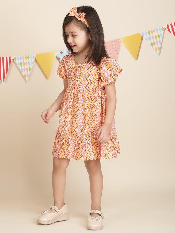 Polka Tots Half sleeves Zig zag print frock with headband - Orange