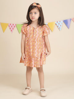 Polka Tots Half sleeves Zig zag print frock with headband - Orange