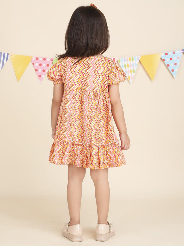 Polka Tots Half sleeves Zig zag print frock with headband - Orange