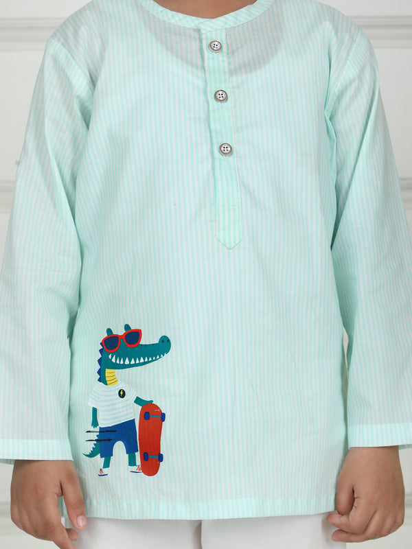 Polka Tots Crocodile Sticker Stripes Night wear Kurta Pajama- Pink