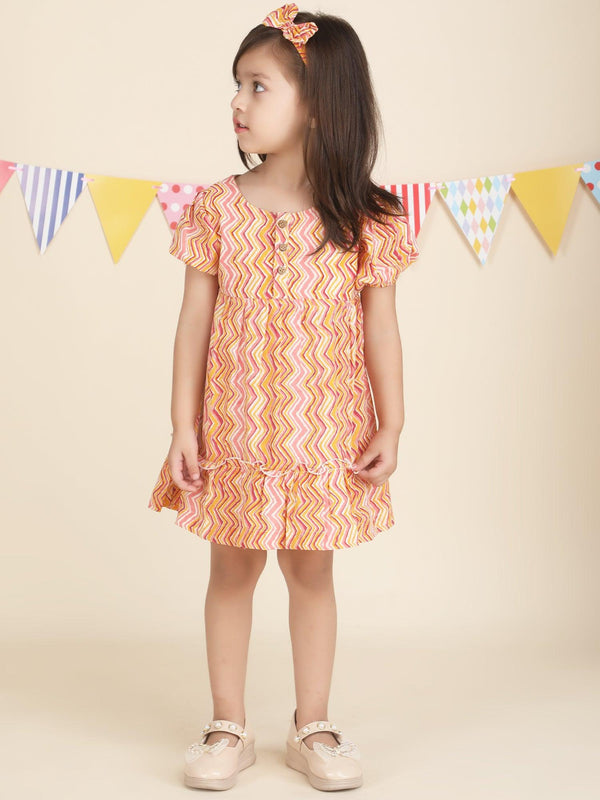 Polka Tots Half sleeves Zig zag print frock with headband - Orange
