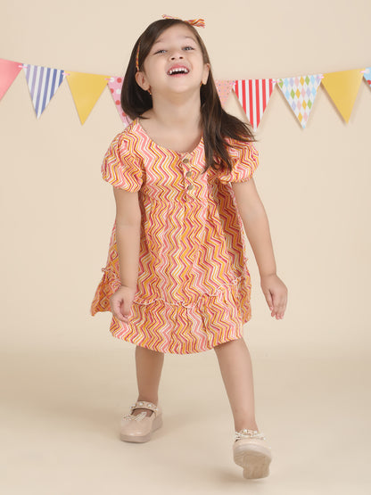 Polka Tots Full sleeves Geometric print frock with headband - Orange