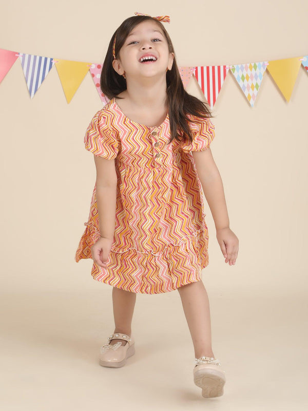 Polka Tots Half sleeves Zig zag print frock with headband - Orange