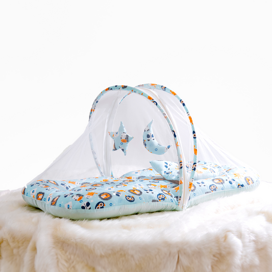 Polka Tots Cotton Baby Bedding Mosquito Net Set with Toys Dangling - Lion print Blue