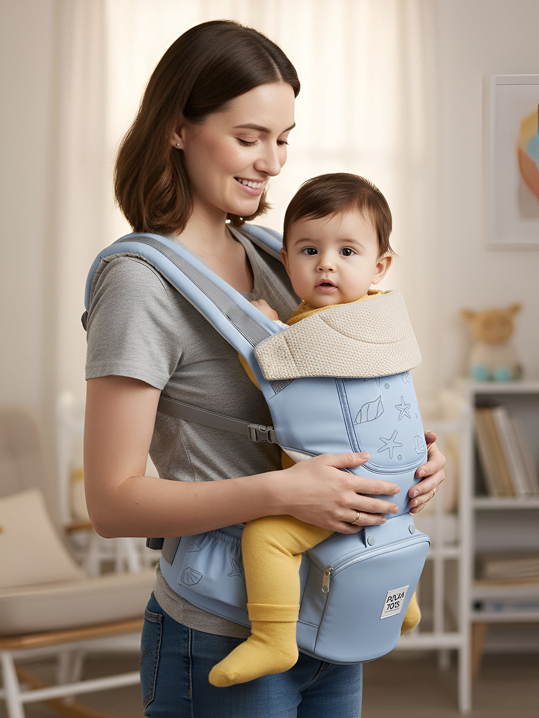 Woman holding a baby in a blue carrier in a home setting