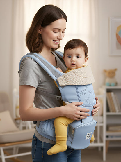 Woman holding a baby in a blue carrier in a home setting