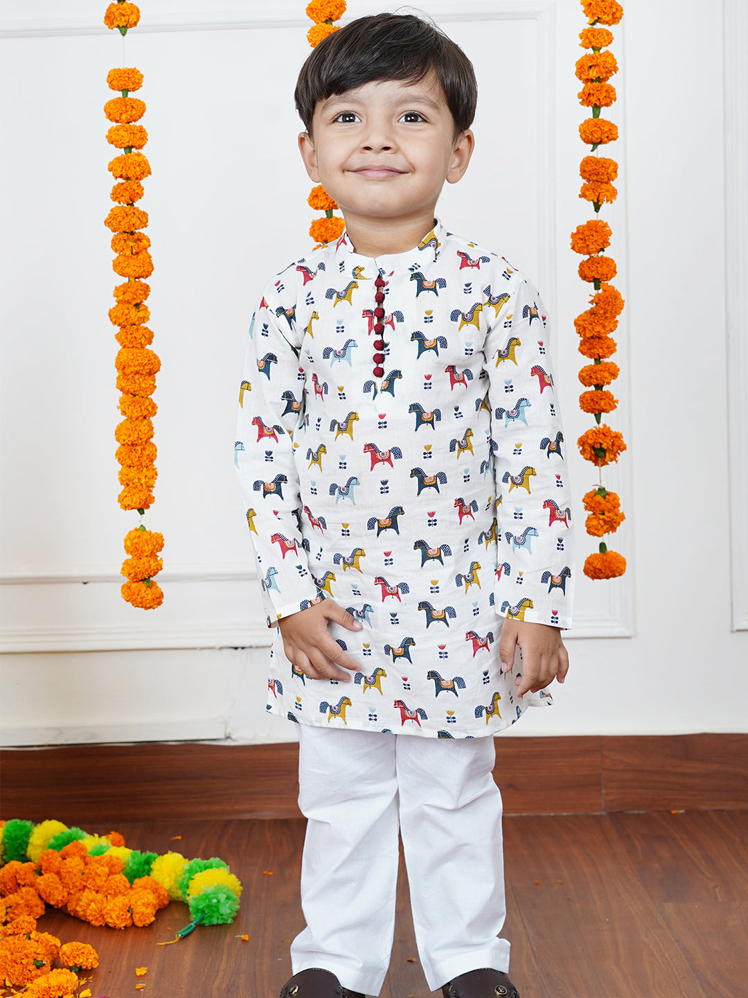 Polka Tots Full Sleeve Horse print Kurta Pyjama Set - Multicolor