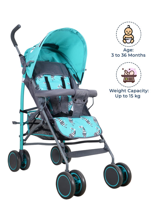 Turquoise and gray baby stroller with age and weight capacity information on a white background