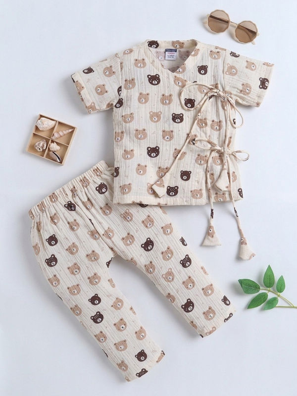 Polka Tots Wrinkled Muslin Cotton Teddy Print Kediya Jhabla & Pant Set - Off White