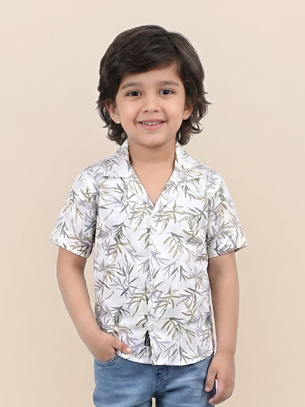 Polka Tots Half Sleeve Leaf print Shirt - Light green