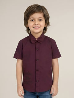 Polka Tots Cotton Regular Fit Dads Little Copy Diamond Party Wear Shirt With Bow Tie - Dark Maroon