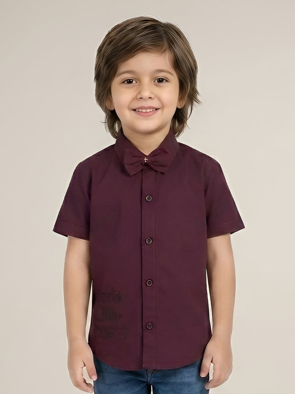 Polka Tots Cotton Regular Fit Dads Little Copy Diamond Party Wear Shirt With Bow Tie - Dark Maroon