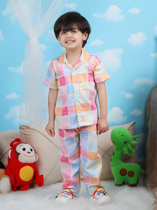 Polka Tots Half sleeves Box print Night Suit - Multicolor