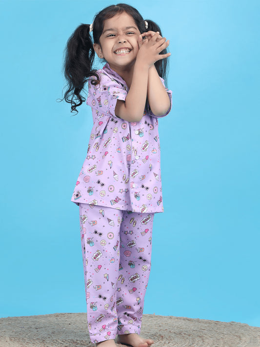 Polka Tots Half Sleeves Ice-cream print Night Suit - Purple
