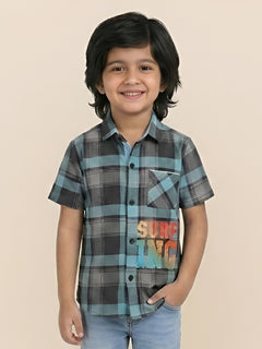 Polka Tots Half Sleeve Checks Shirt Surfing Print - Black