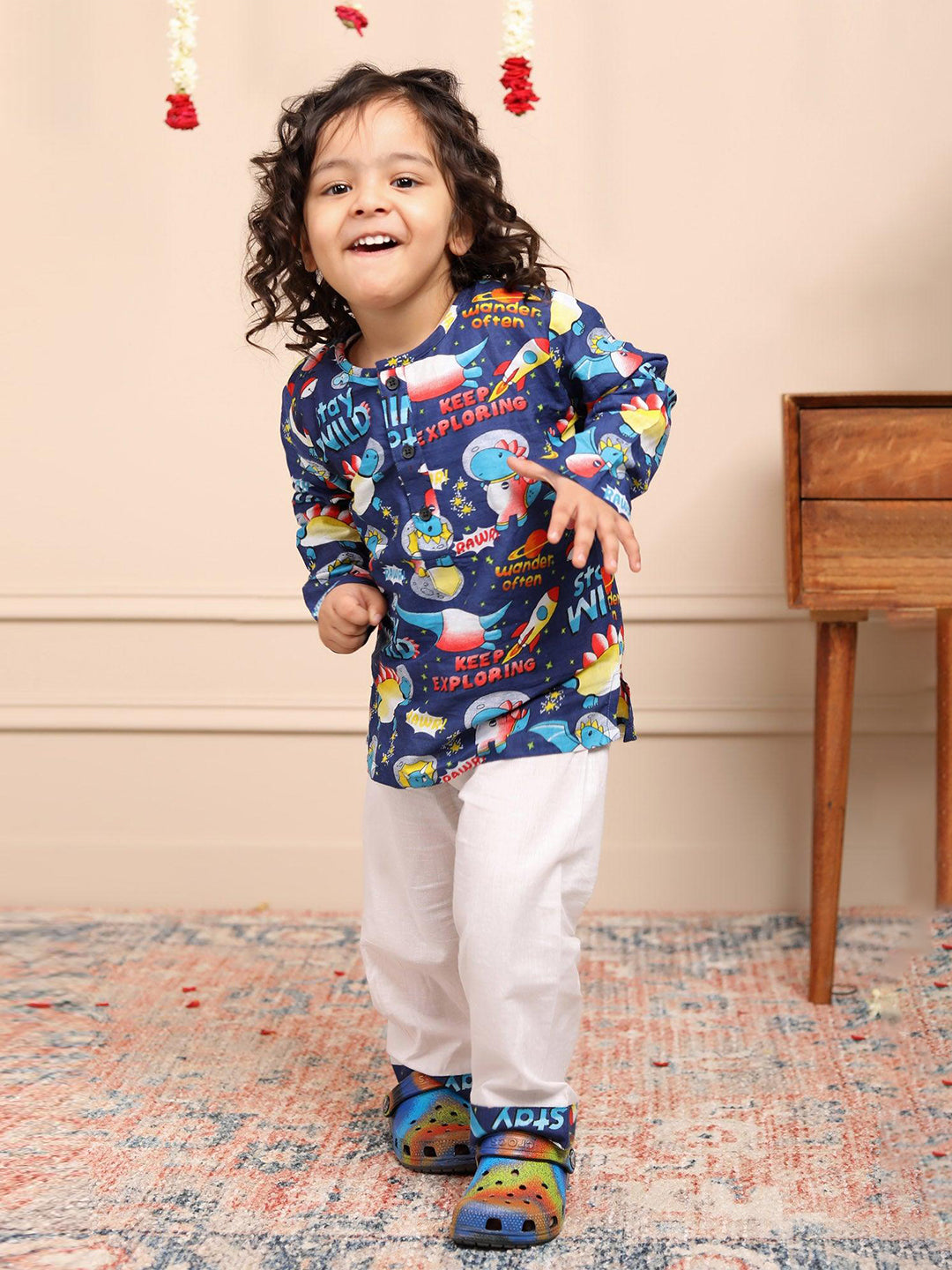 Polka Tots Space print Full sleeves Nightwear Kurta pyjama set - Blue