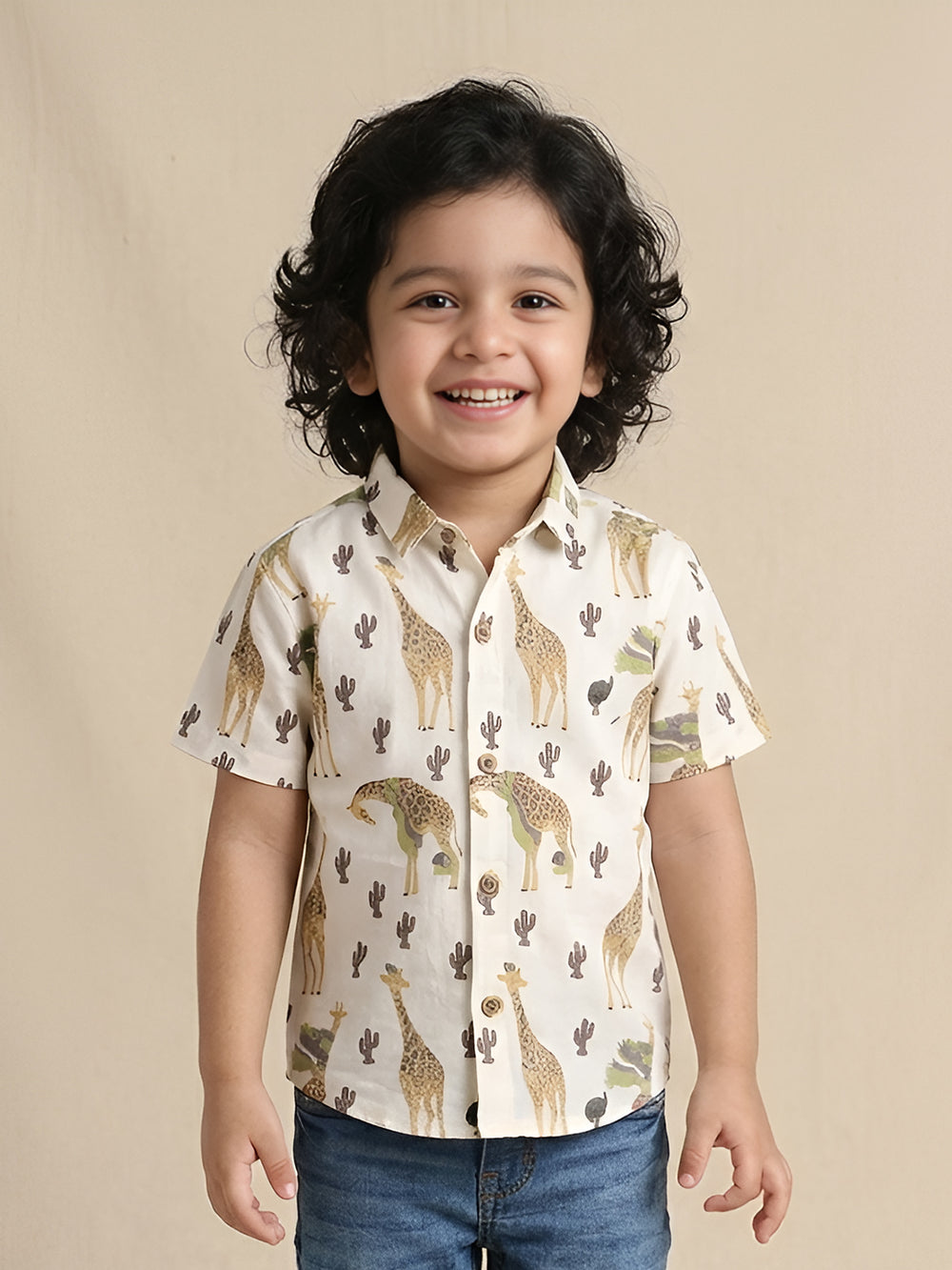 Polka Tots Half Sleeves Animal print Shirt - Mustard