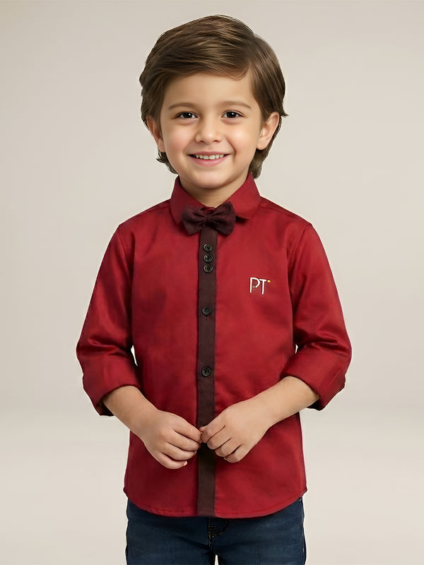 Polka Tots Full Sleeve Party Wear Reverse Collar Placket With Bow Tie Kids Shirt - Red