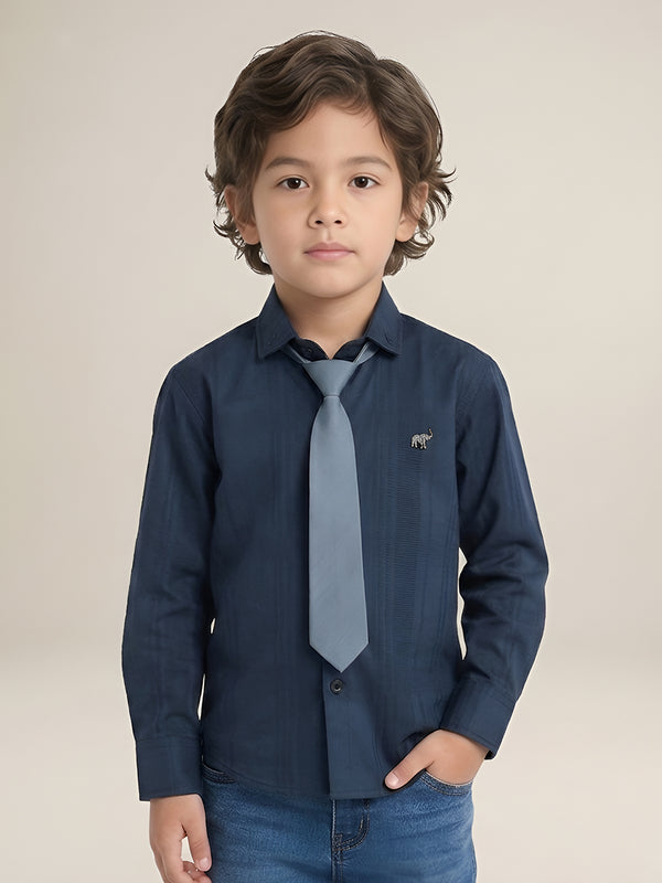Polka Tots Full Sleeves Cotton self textured Shirt with Tie - Navy